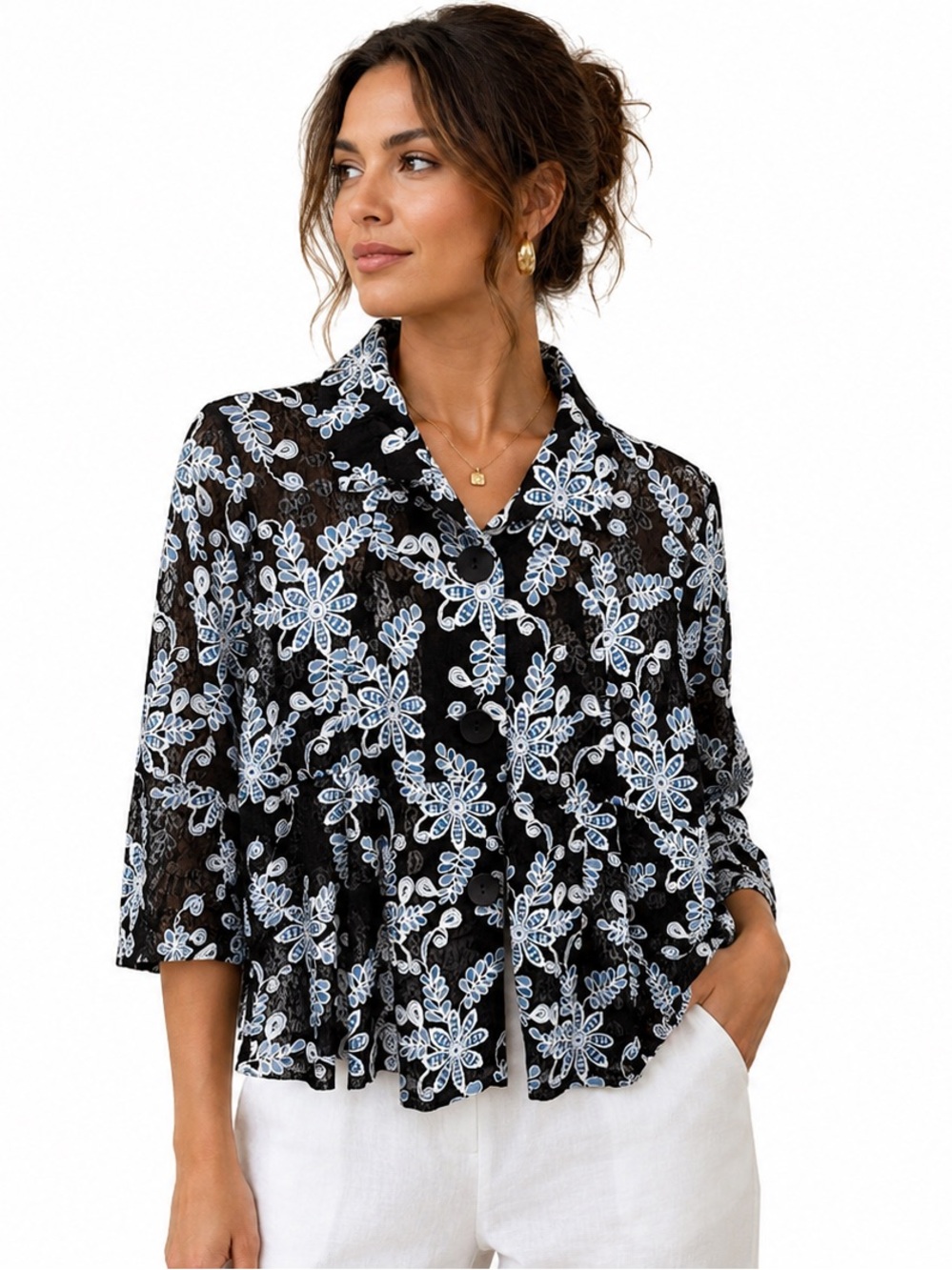 Damee Inc Embroidered Mesh Jacket M Navy Blue Floral Lace Button Front